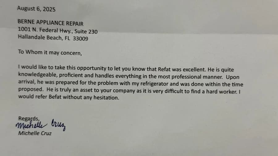 Hand-signed thank-you letter from a Cooper City customer after a refrigerator repair by a Berne technician