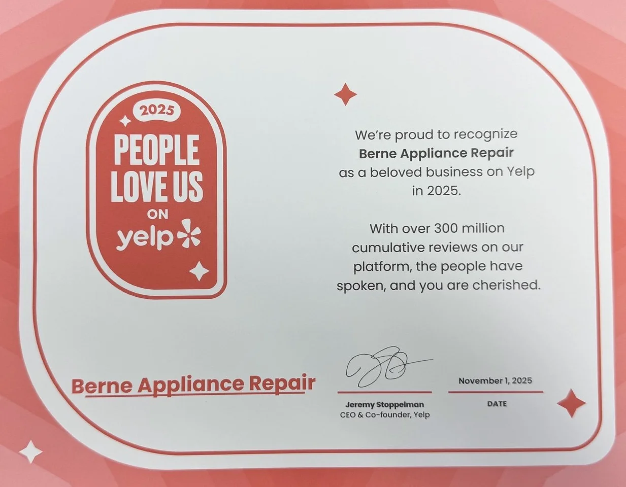 People Love Us on Yelp 2025 certificate awarded to Berne Appliance Repair