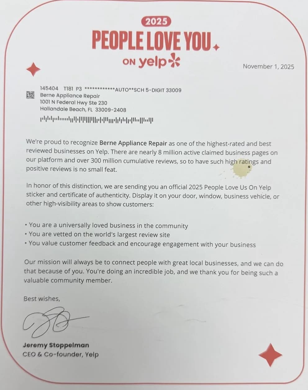 Official 2025 People Love You on Yelp recognition letter to Berne Appliance Repair, Hallandale Beach FL